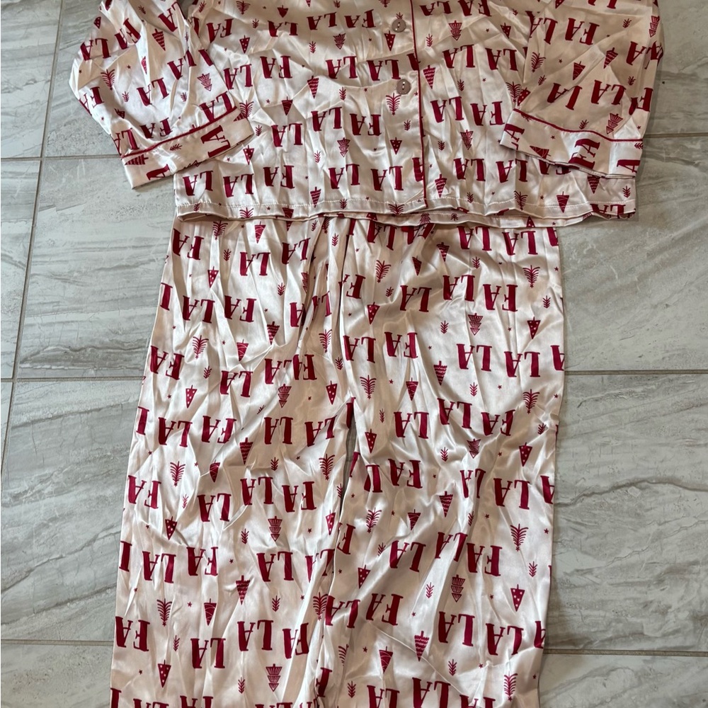 Bella Full-Length PJ Set With Velvet Tie - Ivory + Red FALALA.